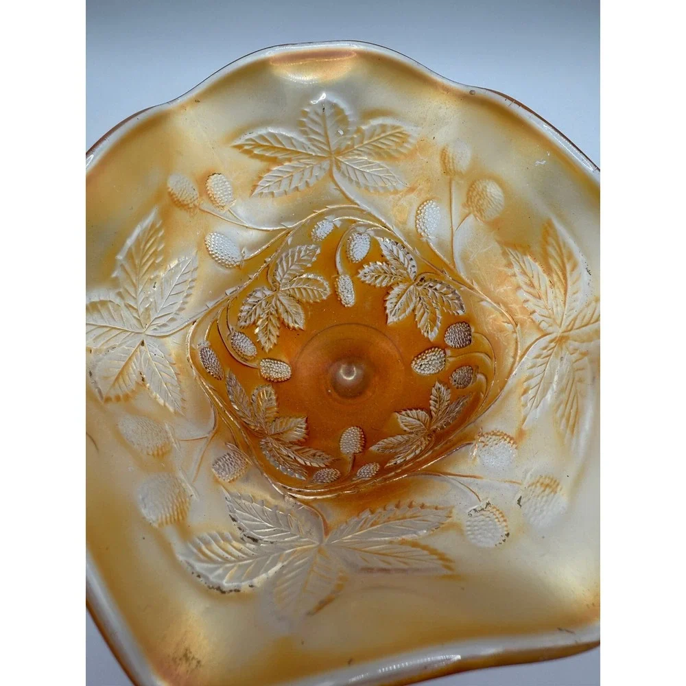 FENTON - Marigold Orange Compote Carnival Glass Crimped Ruffled Edge Footed Bowl